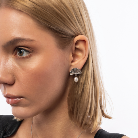Fine Diamond Sterling Silver Pearl Drop Fan Earrings