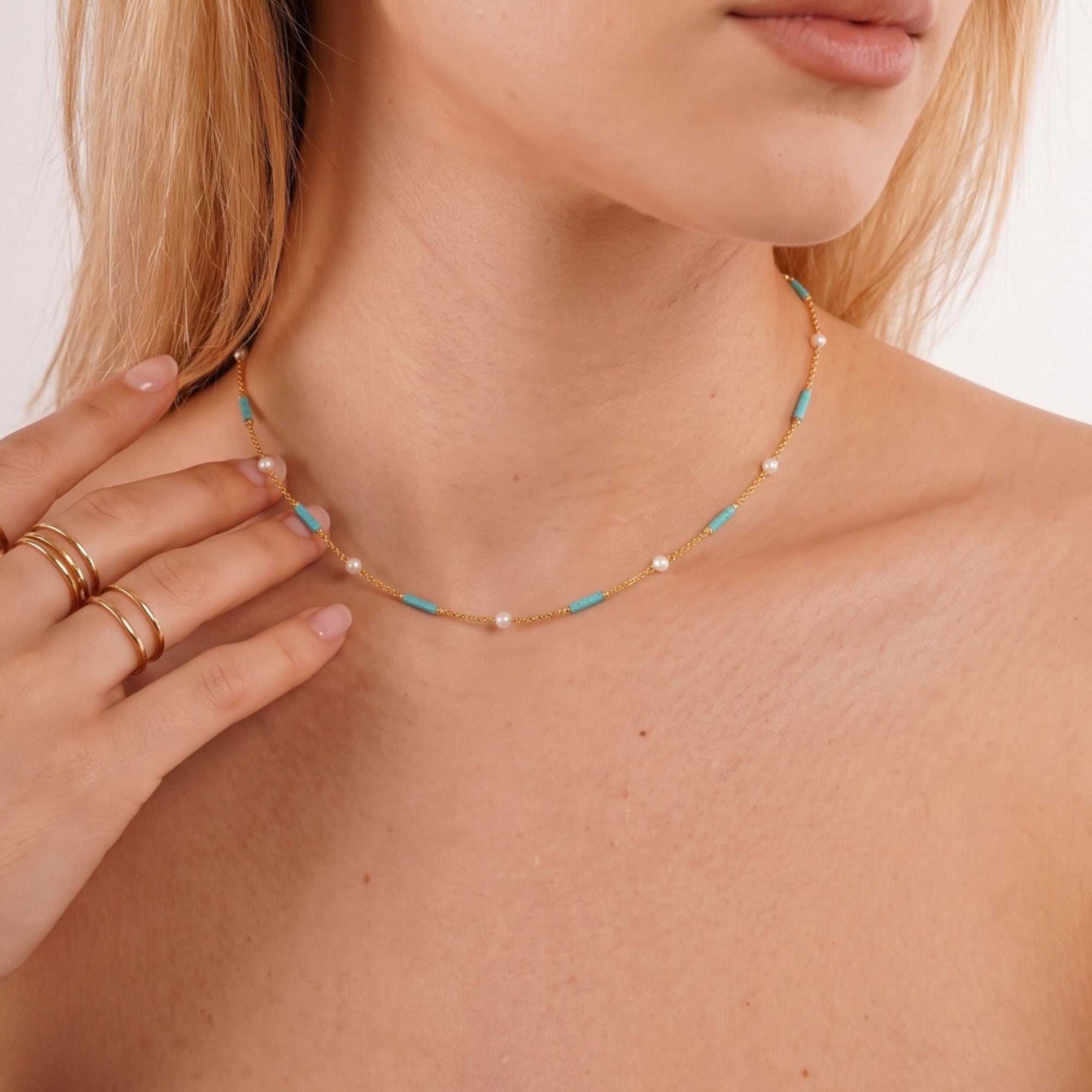 Turquoise Beaded & Pearl Sterling Silver Necklace