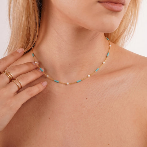 Turquoise Beaded & Pearl Sterling Silver Necklace