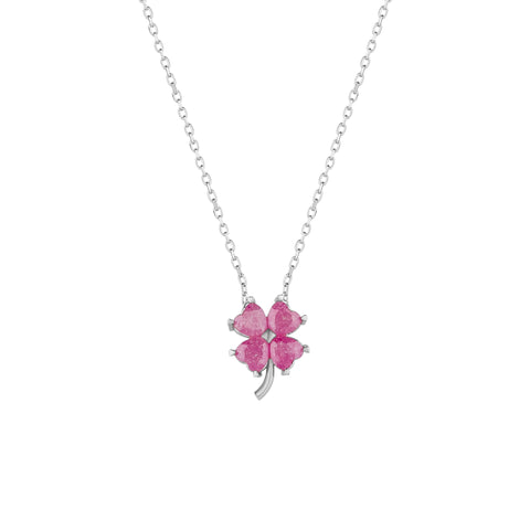 Four Leaf Clover Sterling Silver Necklace - Pink