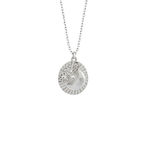 Moon Embossed Silhouette Sterling Silver Medal Necklace