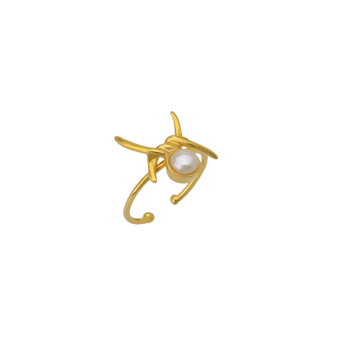 Barbed Wire Design Pearl Adjustable Sterling Silver Natural Hammered Ring