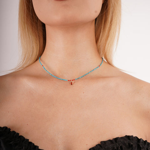 Turquoise Beaded Sterling Silver Red Gemstone Necklace