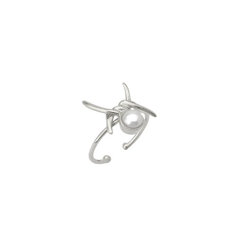 Barbed Wire Design Pearl Adjustable Sterling Silver Natural Hammered Ring