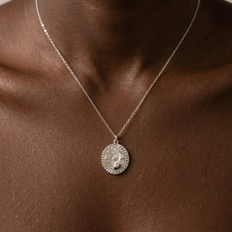 Moon Embossed Silhouette Sterling Silver Medal Necklace