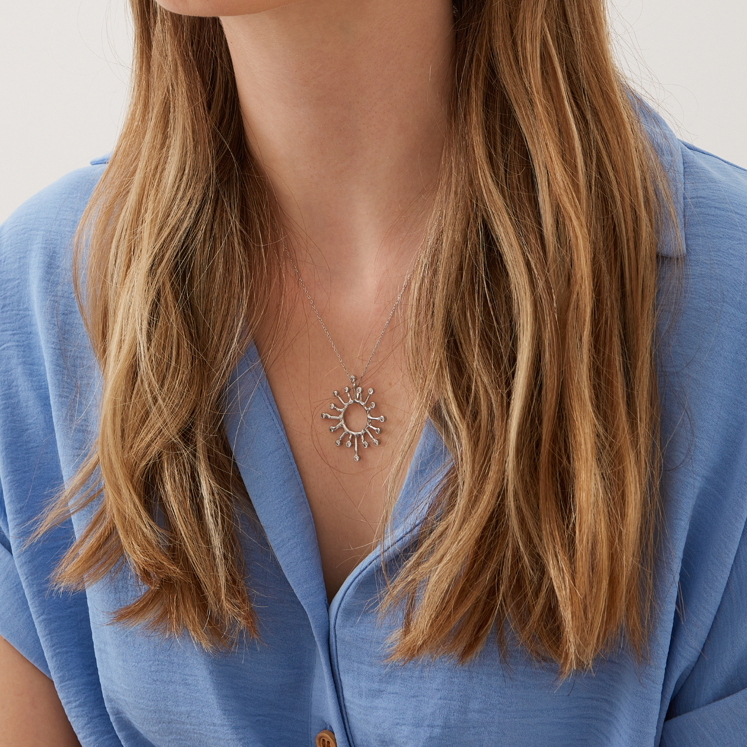 Sun Sunburst Large Textured Molten Sterling Silver Pendant Necklace