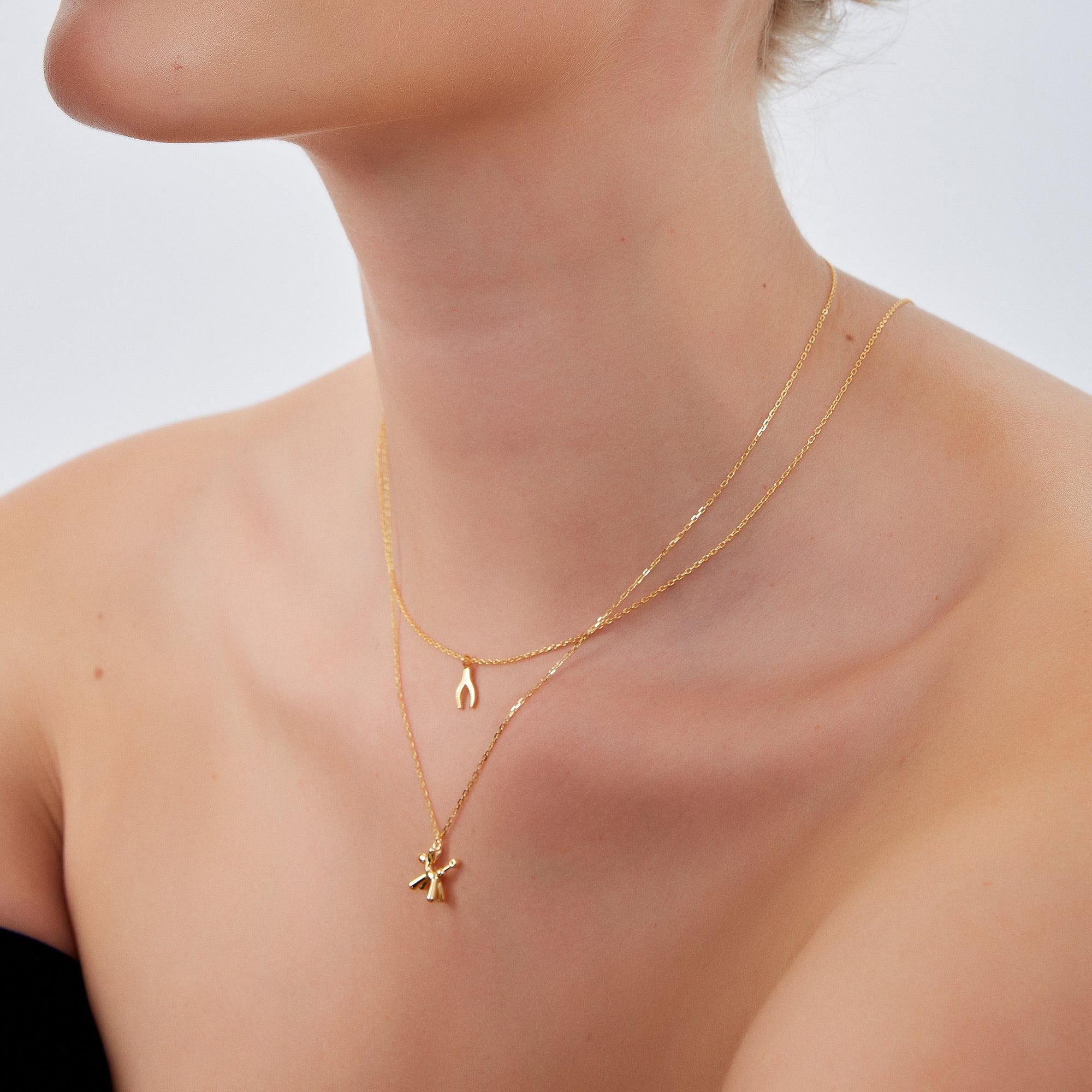 Balloon Dog Poodle & Wishbone Necklace Layering Set in Sterling Silver