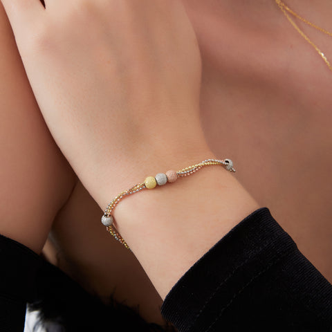 Large Beaded Three Color Gold Rose Gold Sterling Silver Handmade Bracelet