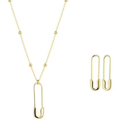 Sterling Silver Safety Pin Necklace & Earring Set