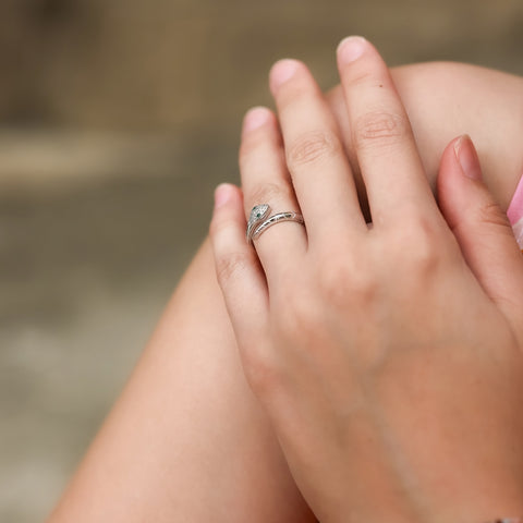 Pave Snake Ring With Green Eyes in Sterling Silver