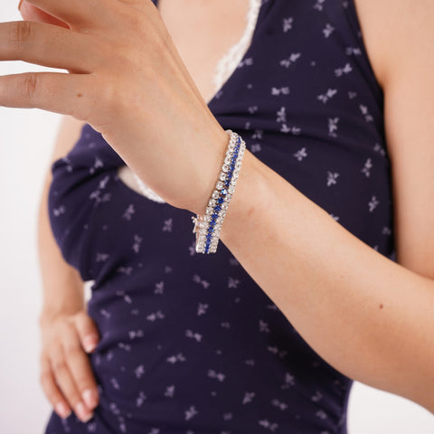 Blue Tripple Row Sterling Silver Tennis Bracelet