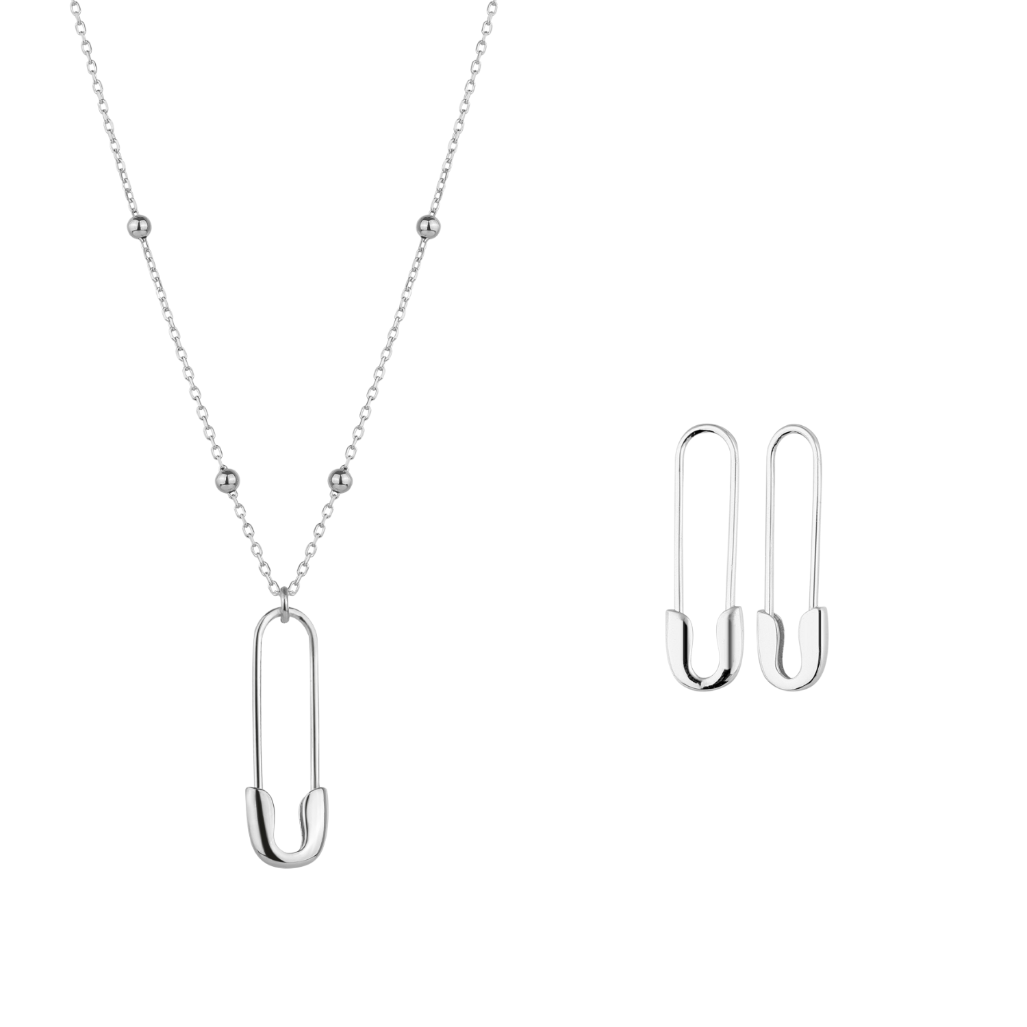 Sterling Silver Safety Pin Necklace & Earring Set