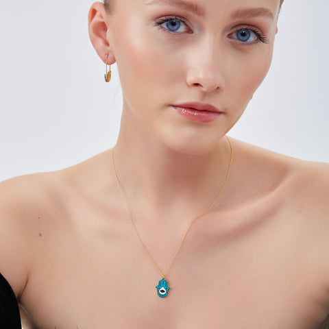 Authentic Turquoise Color Hamsa Hand Necklace Sterling Silver