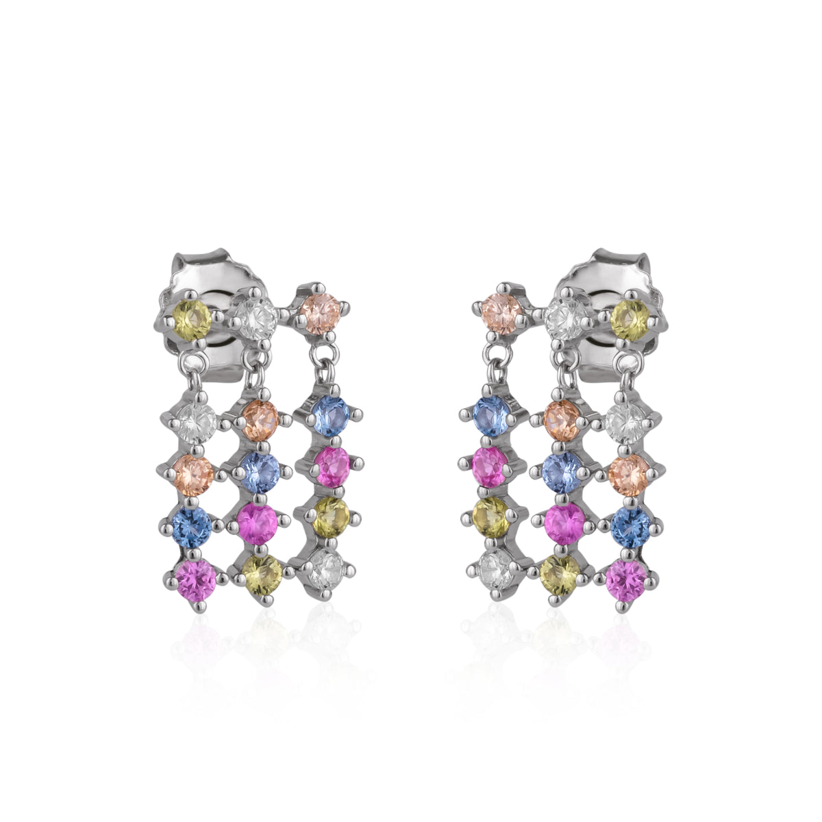 Colourful Rainbow Jewelled Sterling Silver Cluster Stud Drop Earrings