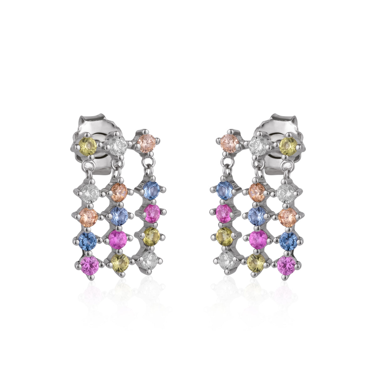 Colourful Rainbow Jewelled Sterling Silver Cluster Stud Drop Earring