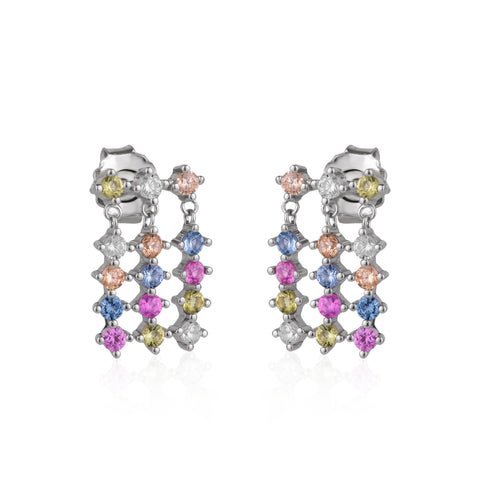 Colourful Rainbow Jewelled Sterling Silver Cluster Stud Drop Earrings