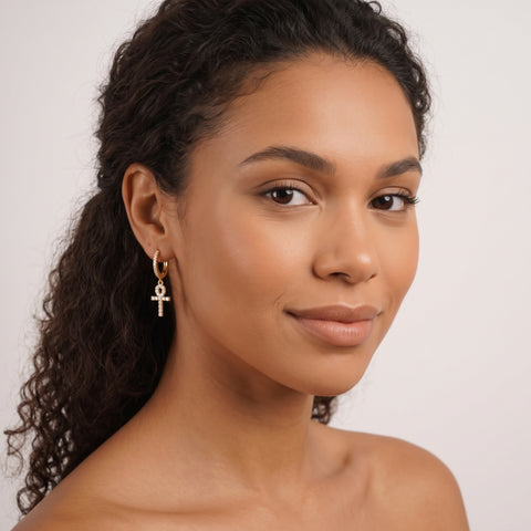 Pave Egyptian Ankh Sterling Silver Drop Earring