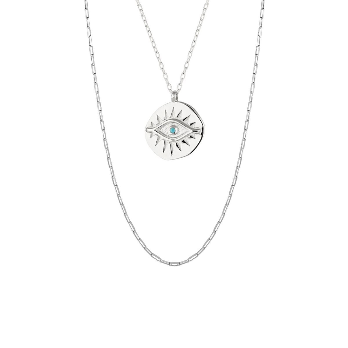 Eye Coin and Rectangular Chain Sterling Silver Evil Eye Necklace Set