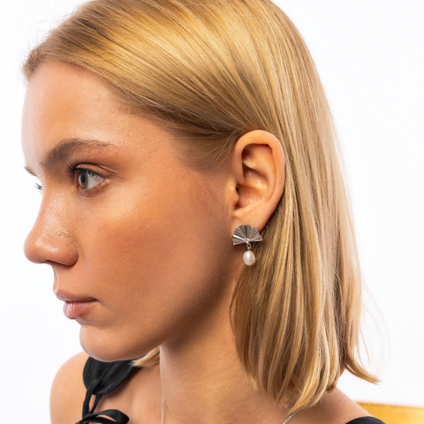 Fine Diamond Sterling Silver Pearl Drop Fan Earrings