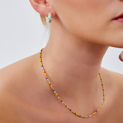 Rainbow Enamel Beaded Sterling Silver Necklace in Gold