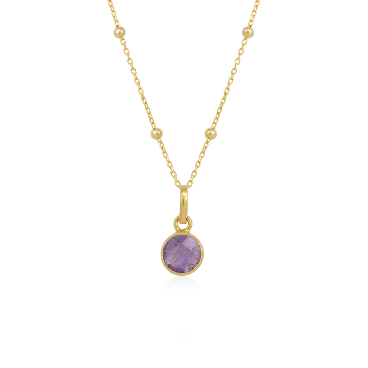 Amethyst Round Pendant Necklace With Beaded Chain in Sterling Silver