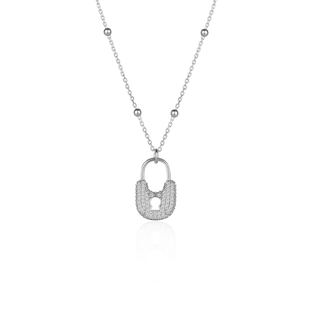 Lock Pendant Necklace With Beaded Chain Sterling Silver