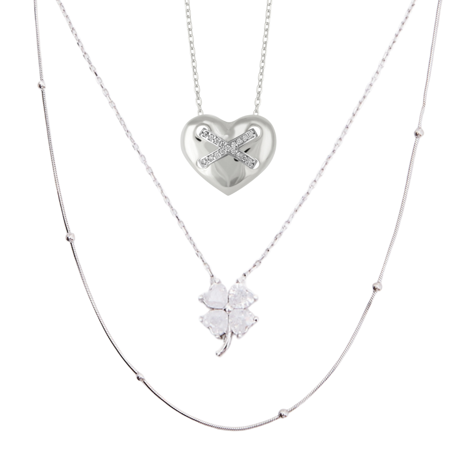 Heart X Italian Beaded White Clover Sterling Silver Stacking Necklace Set