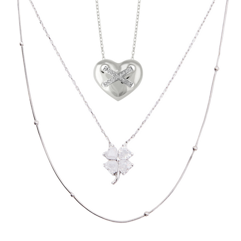 Heart X Italian Beaded White Clover Sterling Silver Stacking Necklace Set