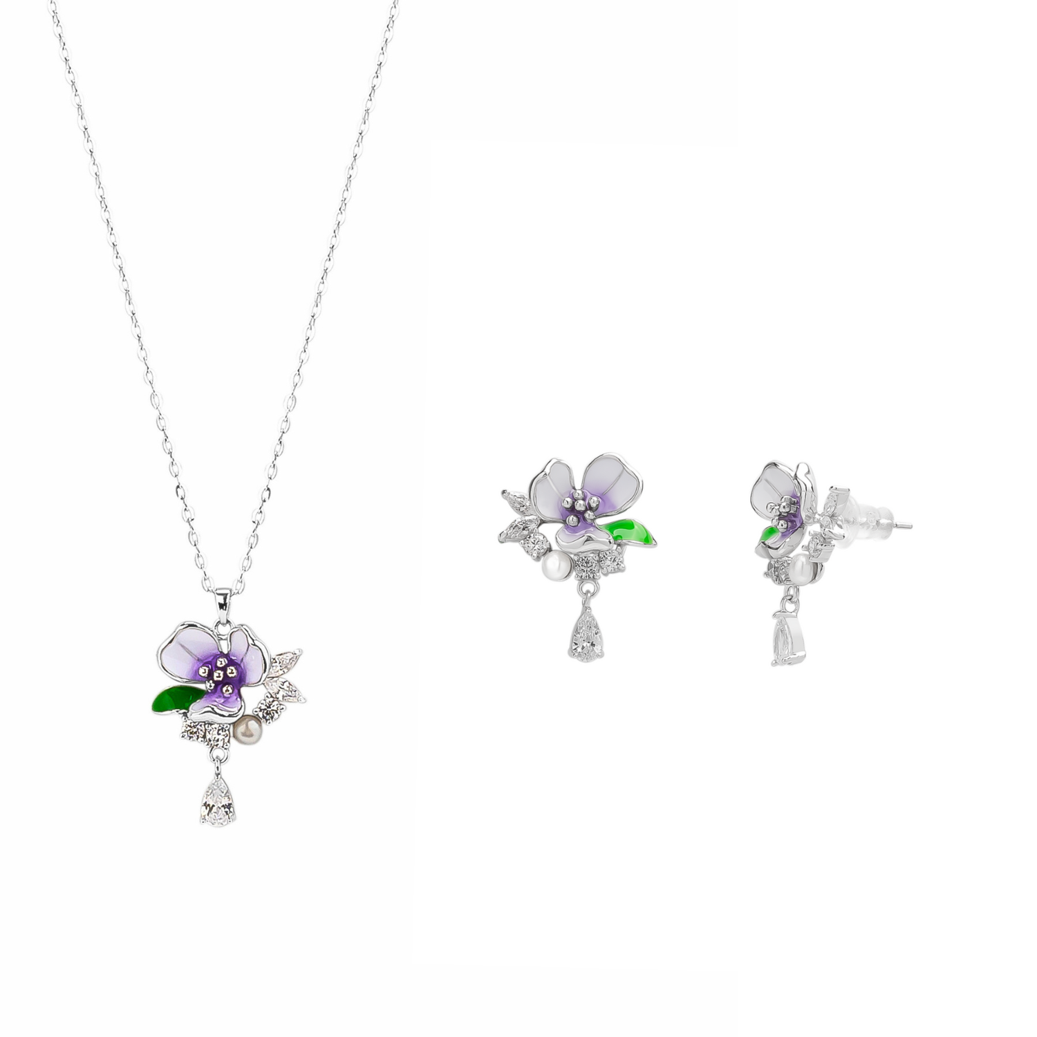 Pansy Violet Floral Necklace and Earring Set in Sterling Silver