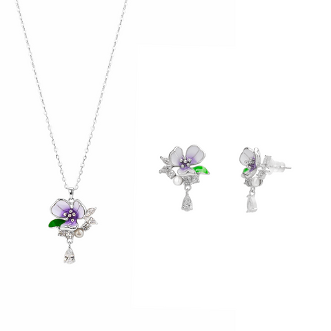 Pansy Violet Floral Necklace and Earring Set in Sterling Silver