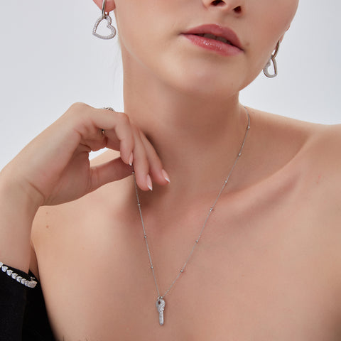 Key Pendant Necklace With Beaded Chain Sterling Silver