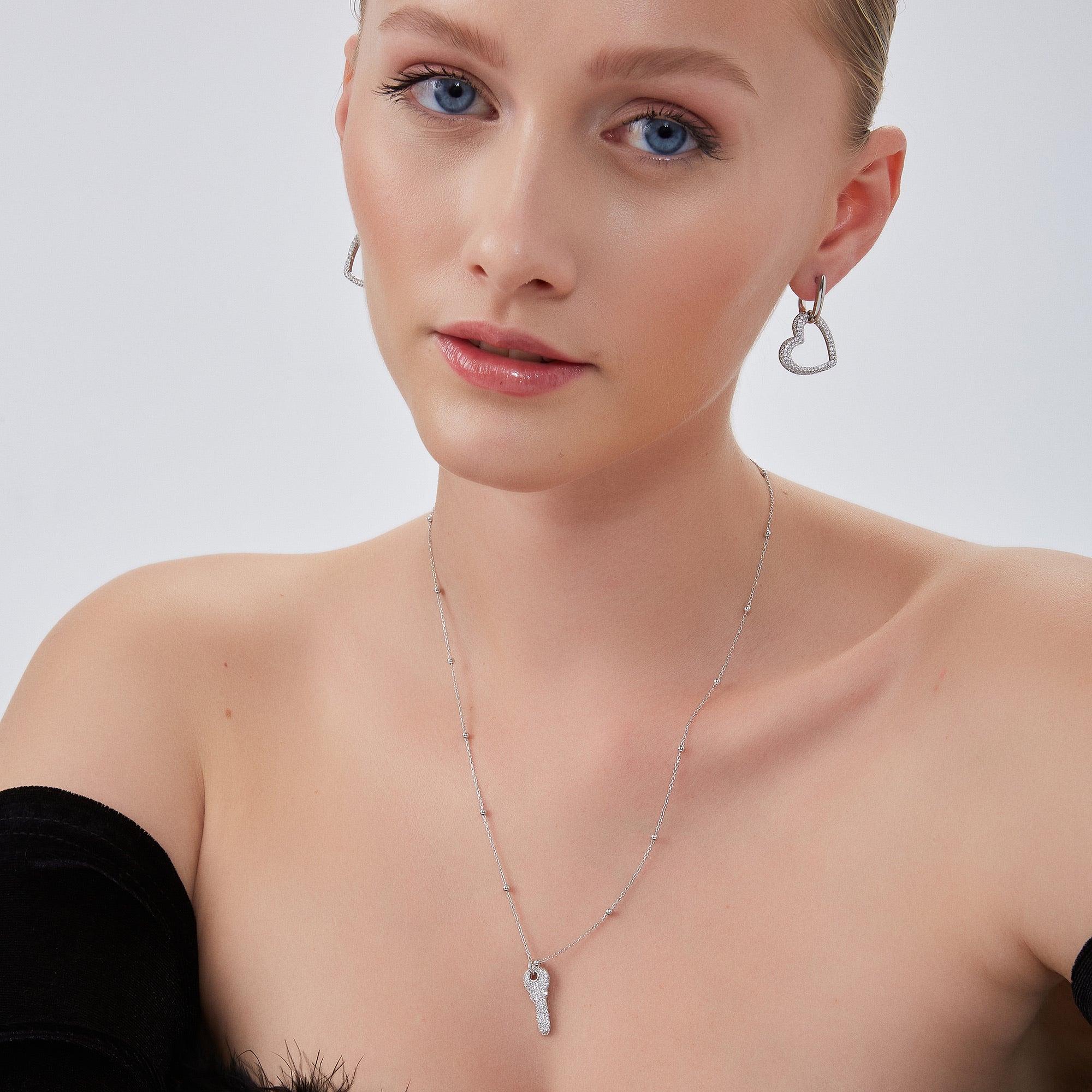 Key Pendant Necklace With Beaded Chain Sterling Silver