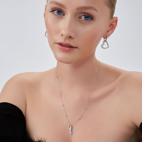 Key Pendant Necklace With Beaded Chain Sterling Silver