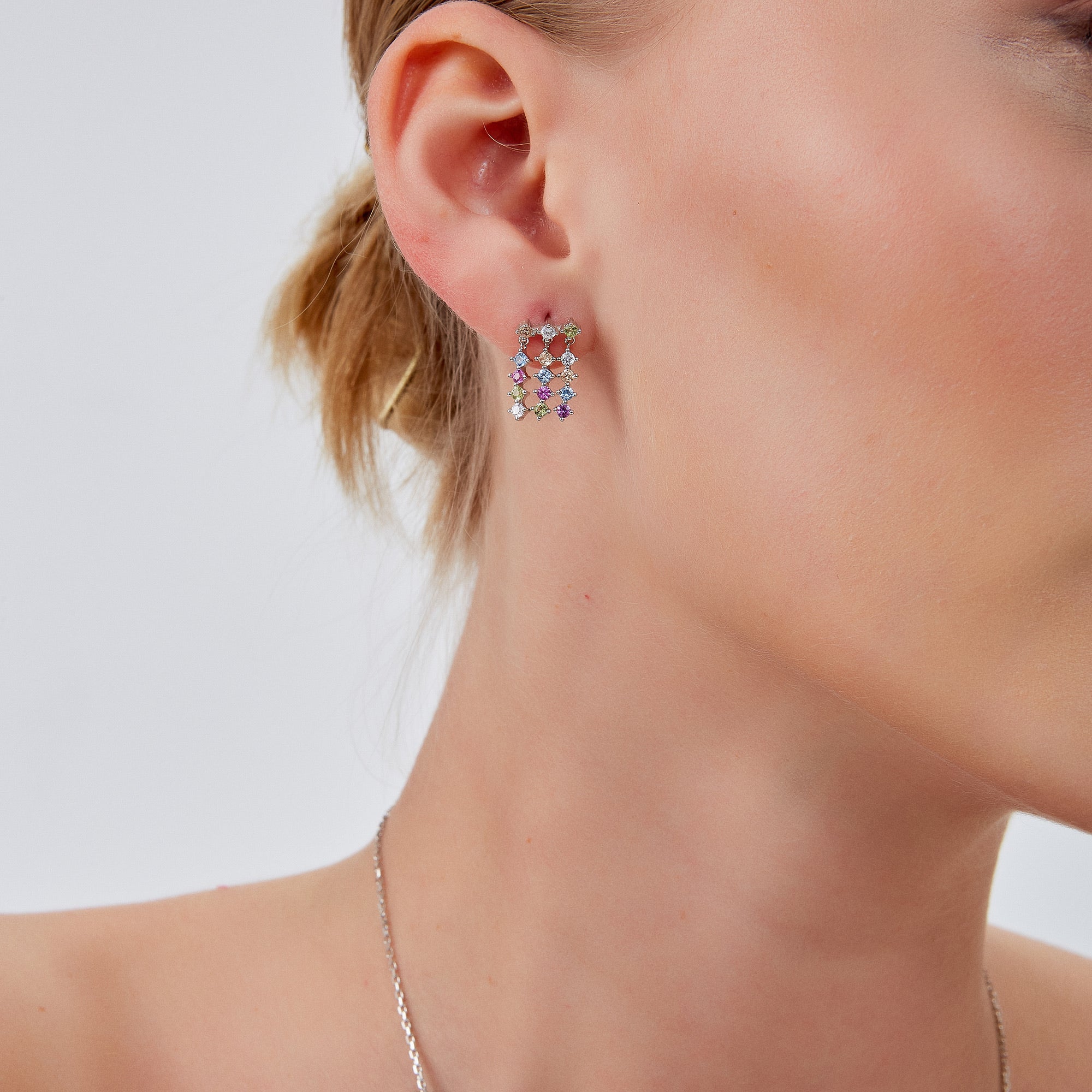 Colourful Rainbow Jewelled Sterling Silver Cluster Stud Drop Earrings