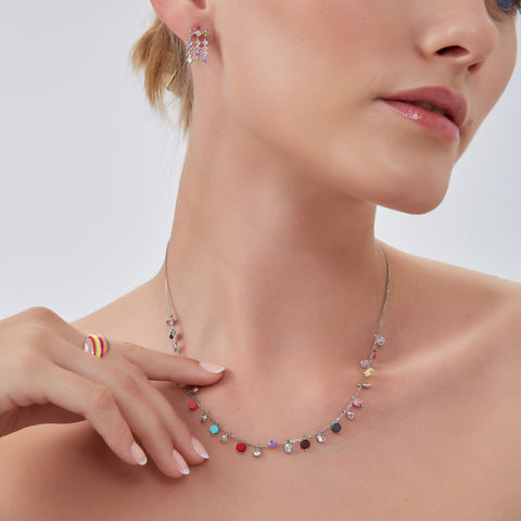 Sterling Silver Colorfull Rainbow Hexagon Sterling Silver Necklace