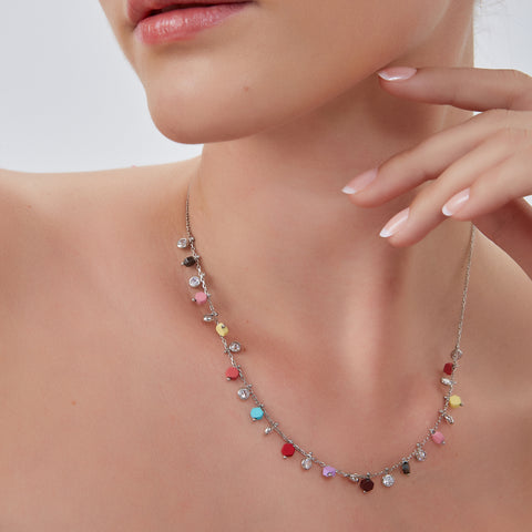 Sterling Silver Colorfull Rainbow Hexagon Sterling Silver Necklace