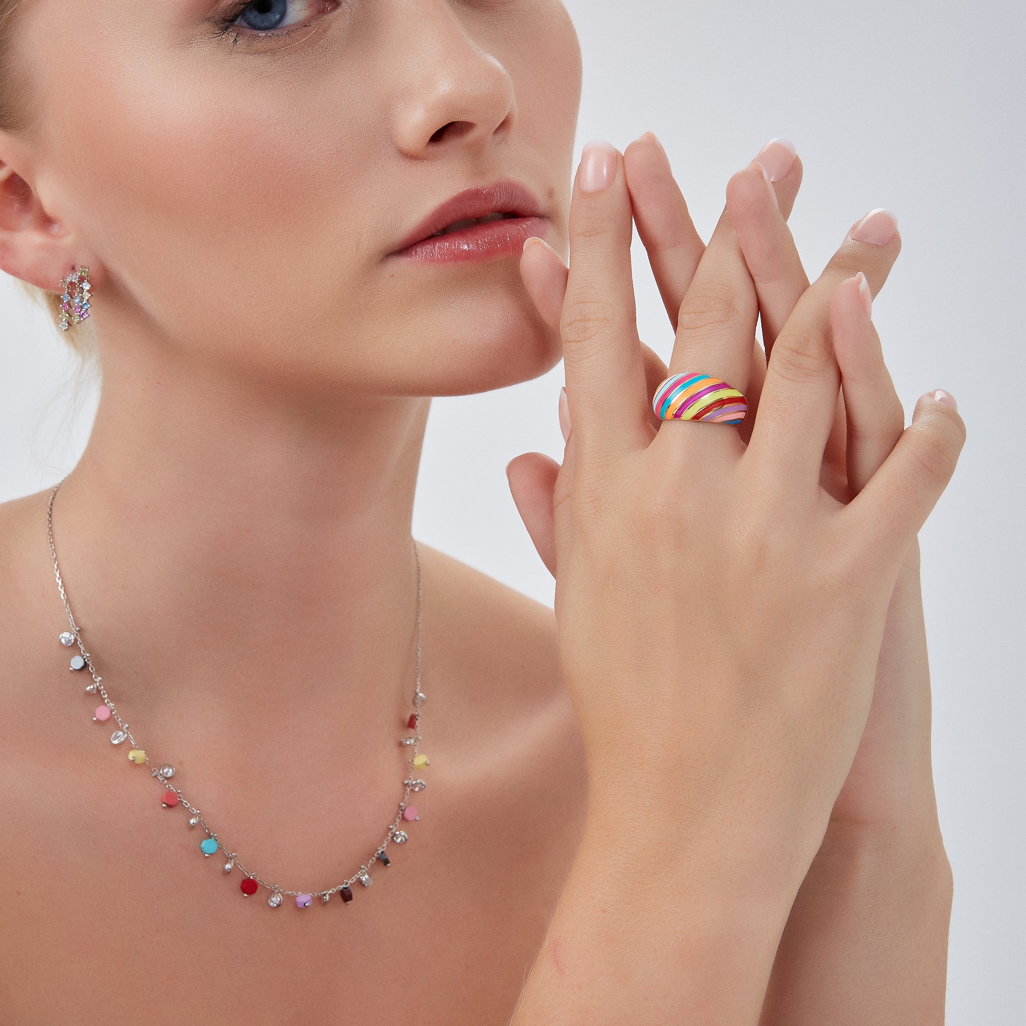 Sterling Silver Colorfull Rainbow Hexagon Sterling Silver Necklace