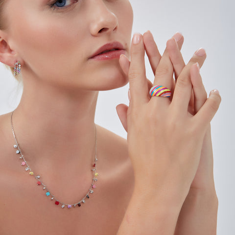 Sterling Silver Colorfull Rainbow Hexagon Sterling Silver Necklace