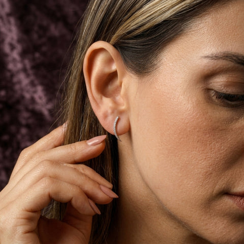 Curved Crescent Sterling Silver Pave Stud Earrings