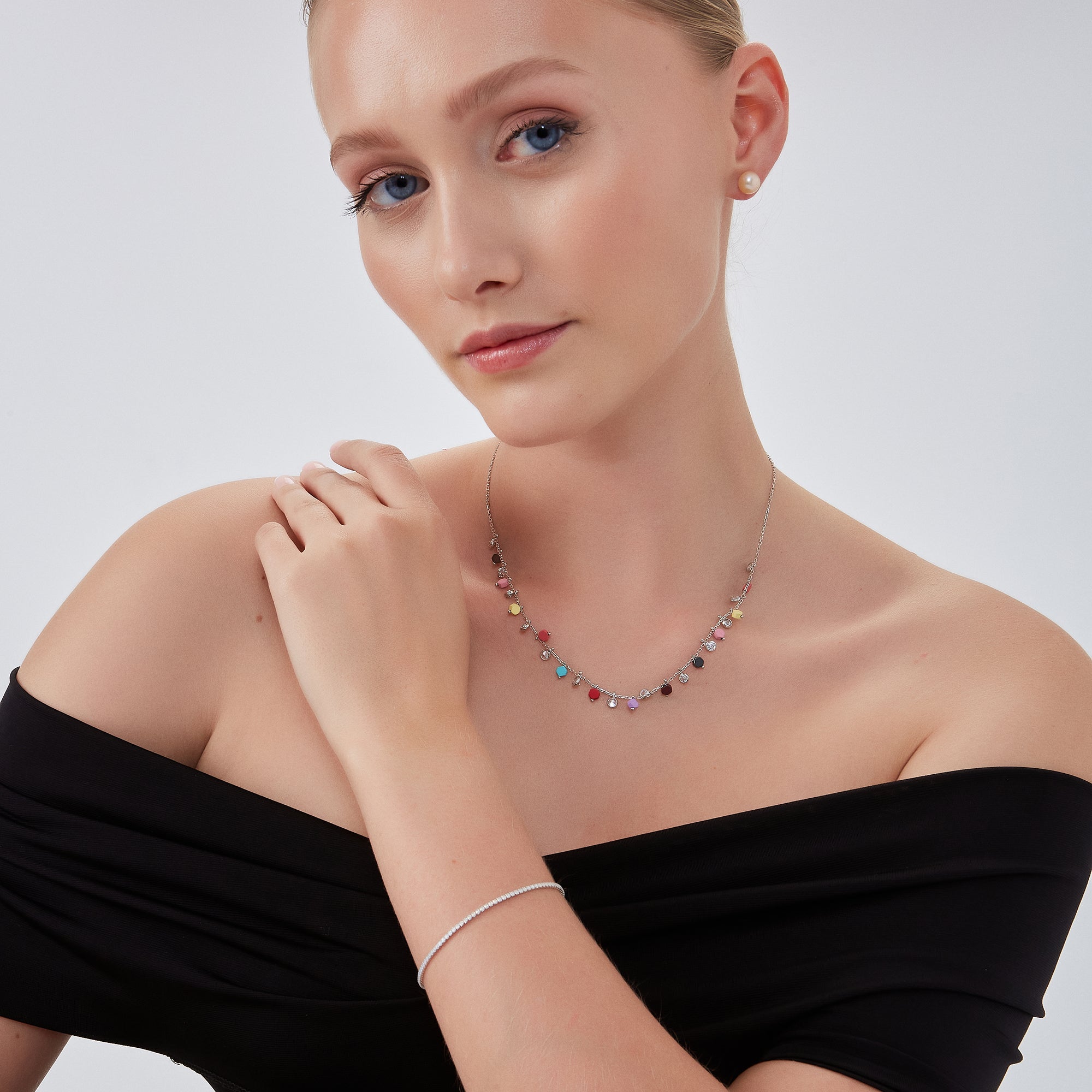 Sterling Silver Colorfull Rainbow Hexagon Sterling Silver Necklace