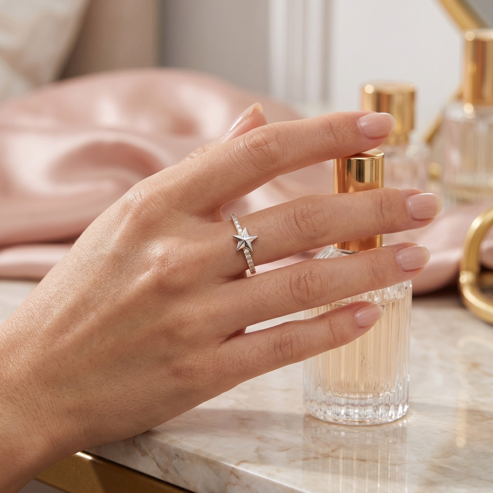 Star Zirconia Half Round Adjustable Sterling Silver Ring
