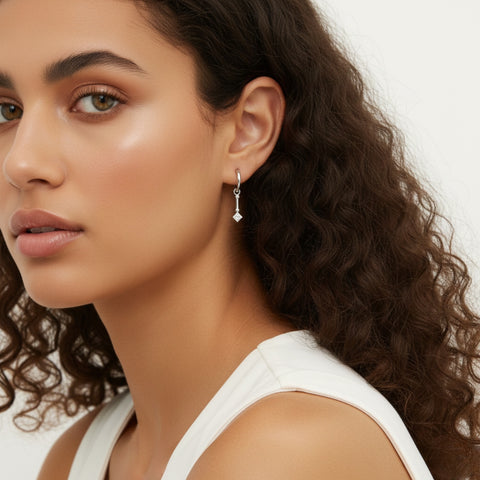 Sterling Silver Rhombus Drop Hoop Earrings