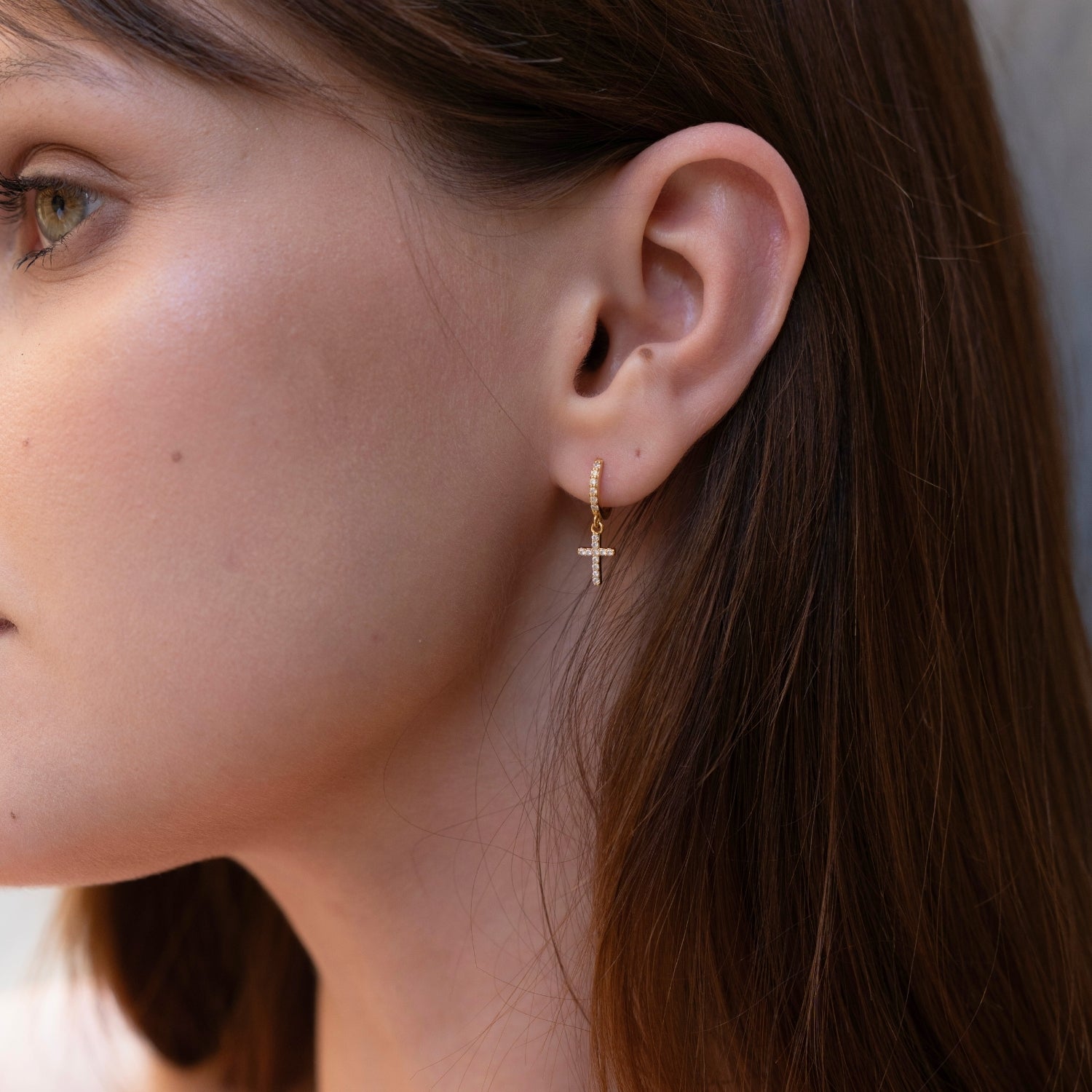 Sterling Silver Huggie Pave Cross Drop Earring