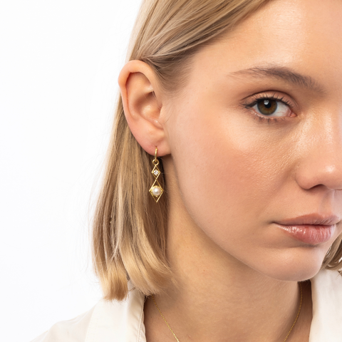 Sterling Silver Rhombus 3D Pearl Earrings
