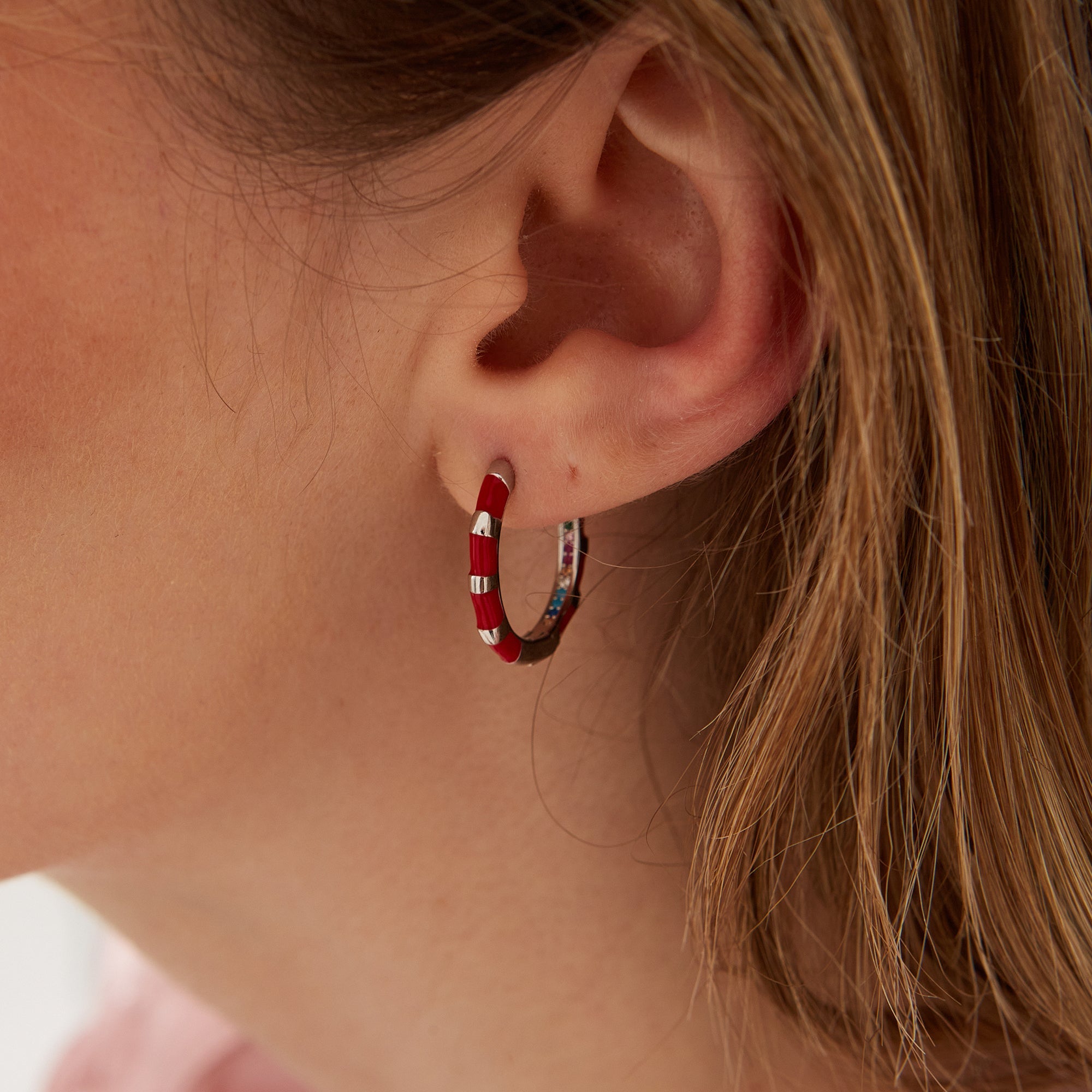 Enamel Red Fine Stripe Sterling Silver Hoop Earrings With Multi Color Zirconia Interior
