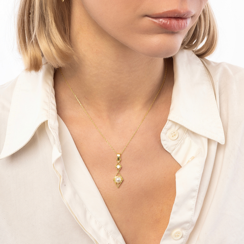 Sterling Silver Rhombus 3D Pearl Necklace