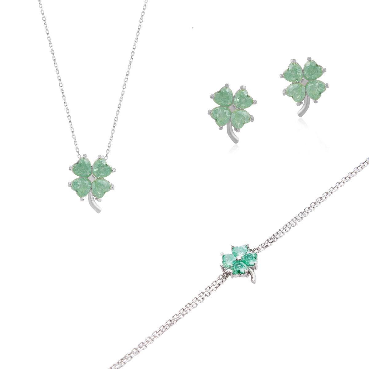 Best of Luck Four Leaves Clover Sterling Silver Bracelet Necklace and Stud Earring Set