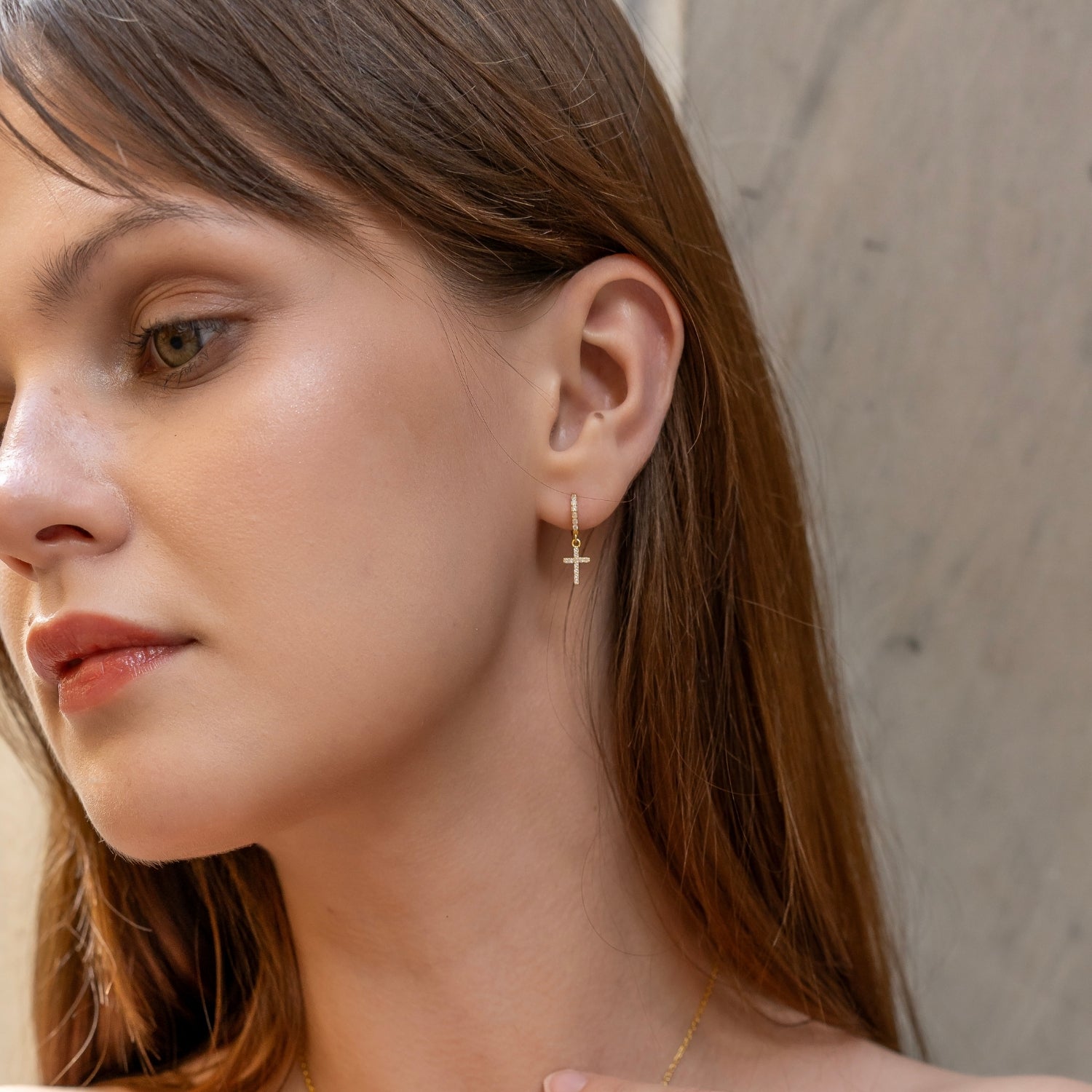 Sterling Silver Huggie Pave Cross Drop Earring