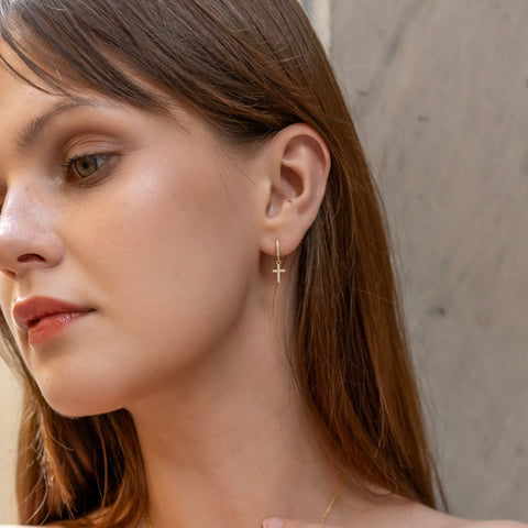 Sterling Silver Huggie Pave Cross Drop Earring