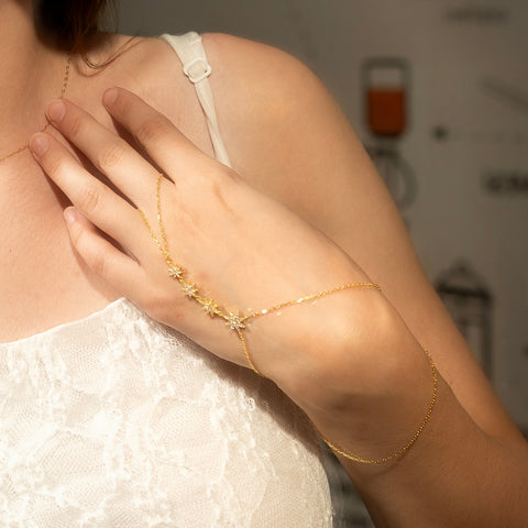 Stars Of Universe Sterling Silver Gold Plated Hand Chain Ring